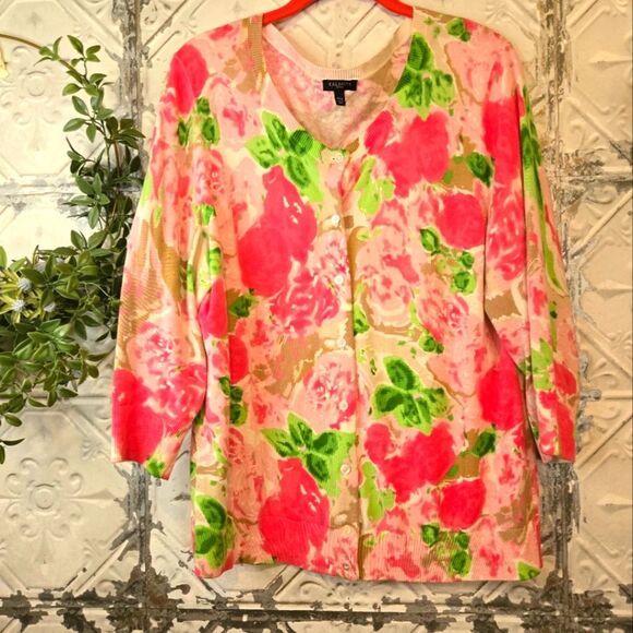 Talbots Women's Floral Cardigan Pink and Green Granny Core/Floral Core Size XLP - Picture 10 of 10